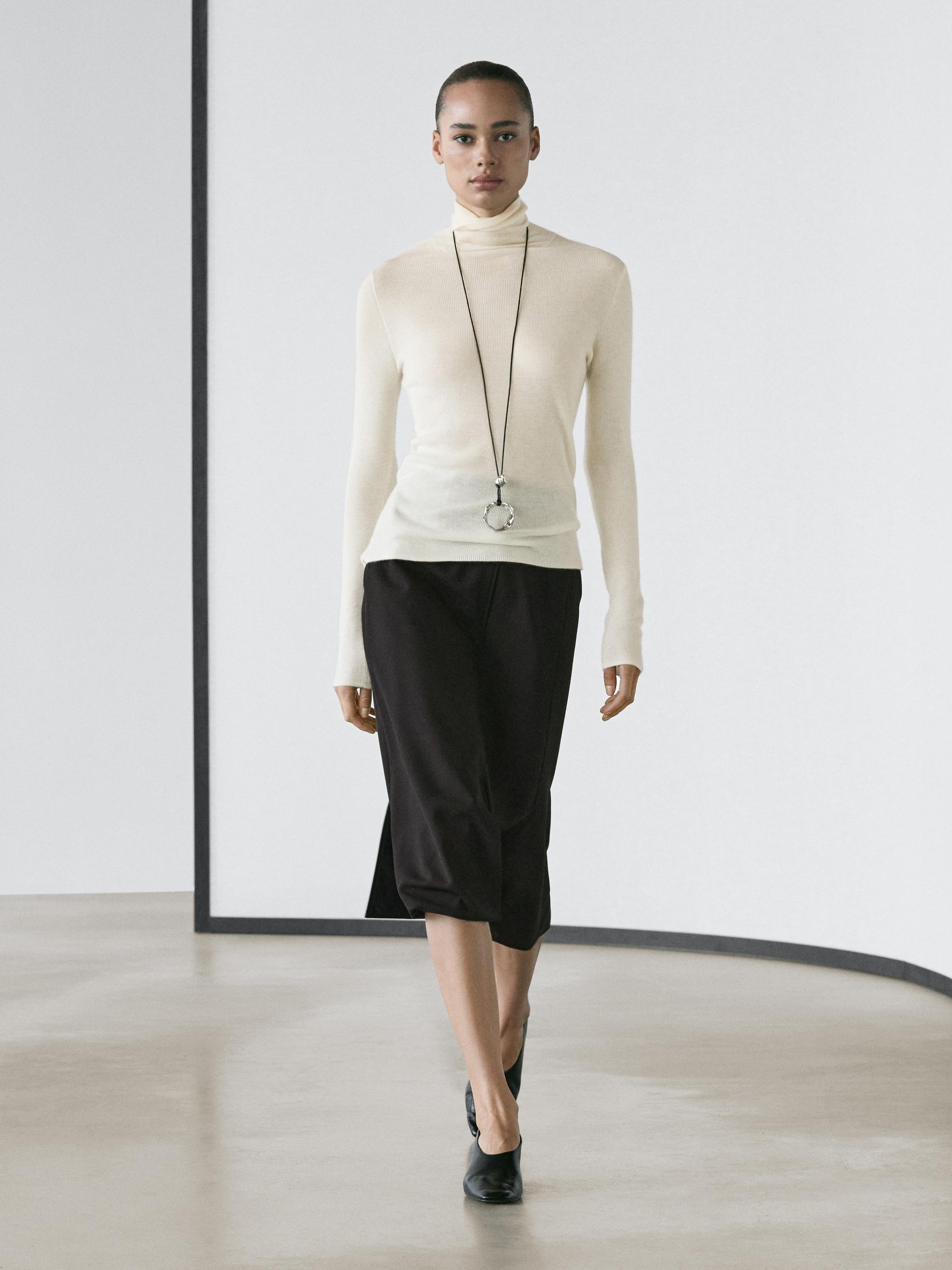 Straight fit wool blend midi skirt with slit